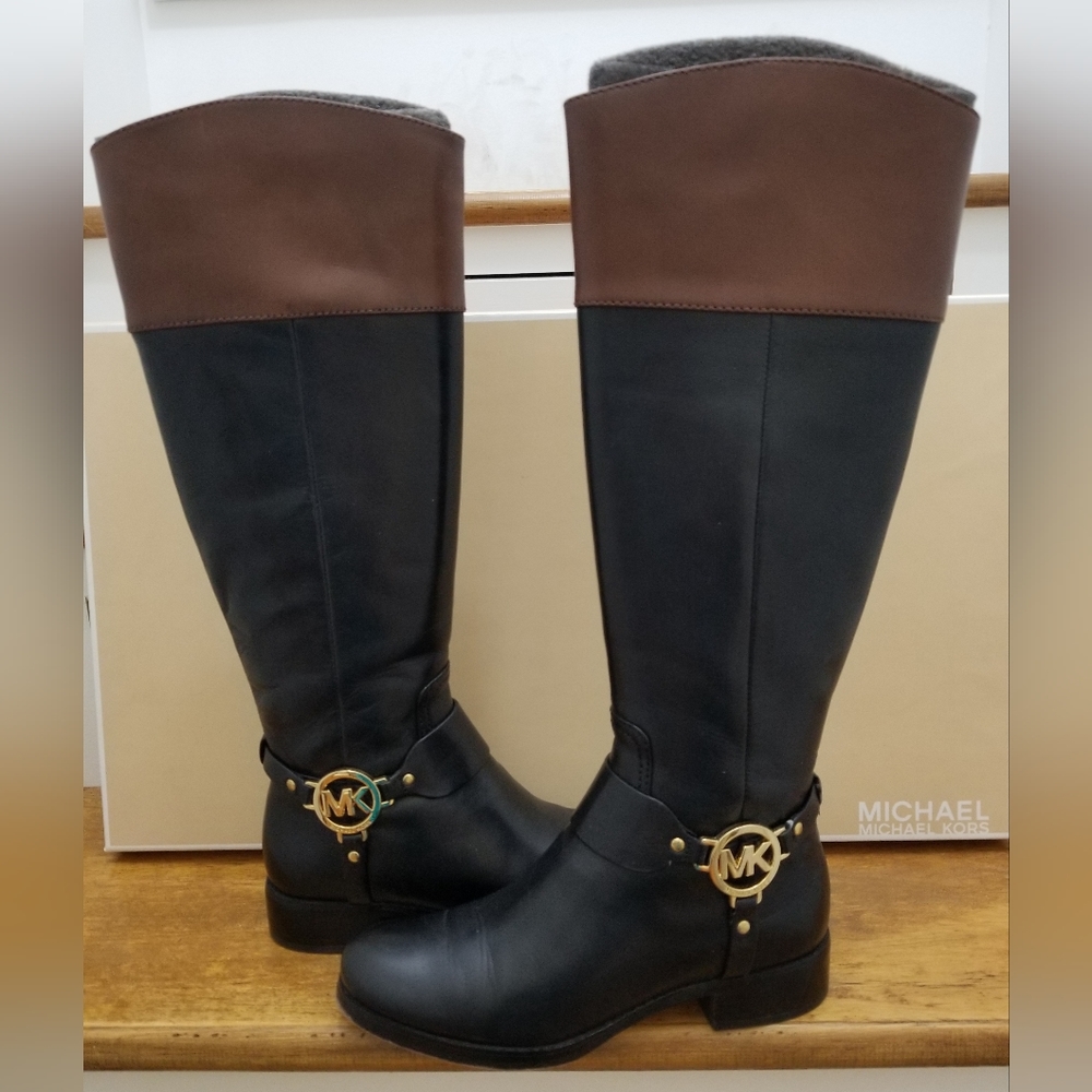 MICHAEL Michael Kors Black and Brown Leather Riding Boots